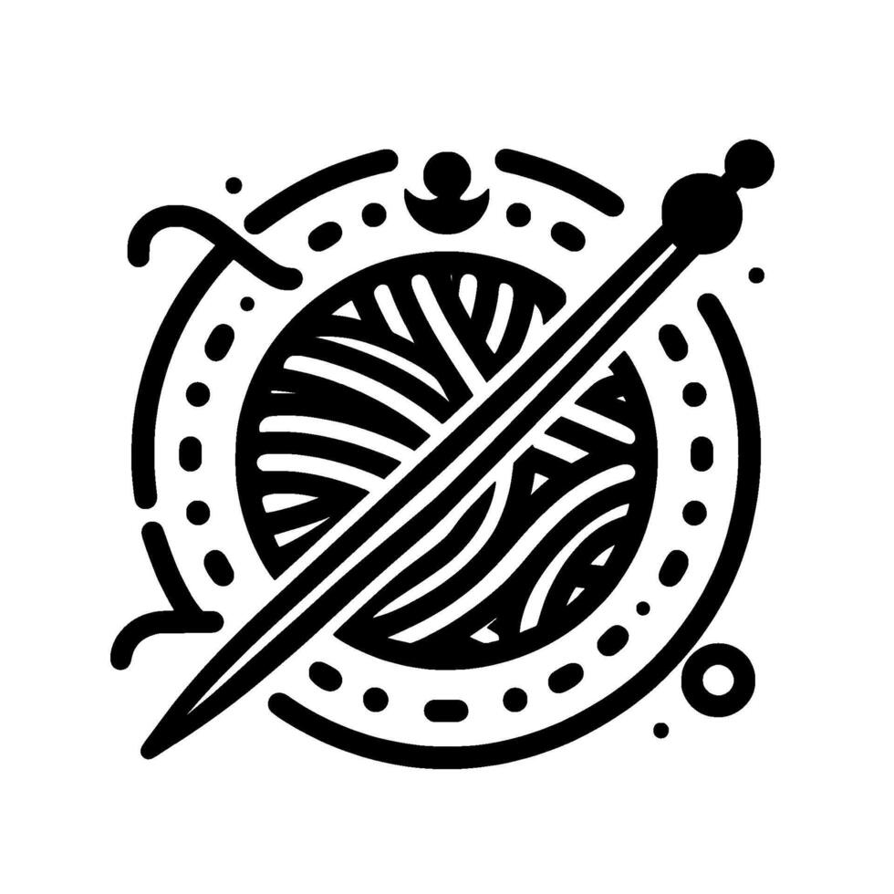 Monochromatic Line Art Stylized Illustration of Yarn Ball, Needle, and Decorative Circle Frame. vector