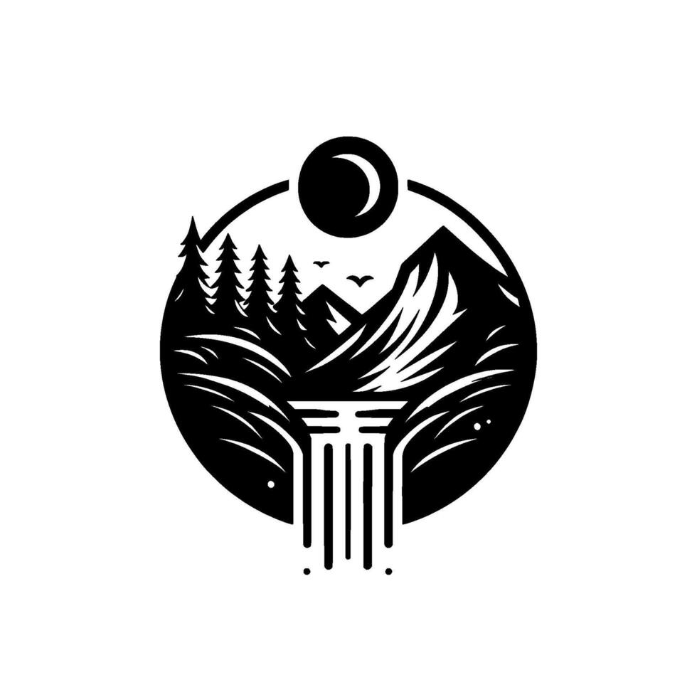 Black and white circular landscape illustration featuring mountain, trees, waterfall, birds, and crescent moon above. vector