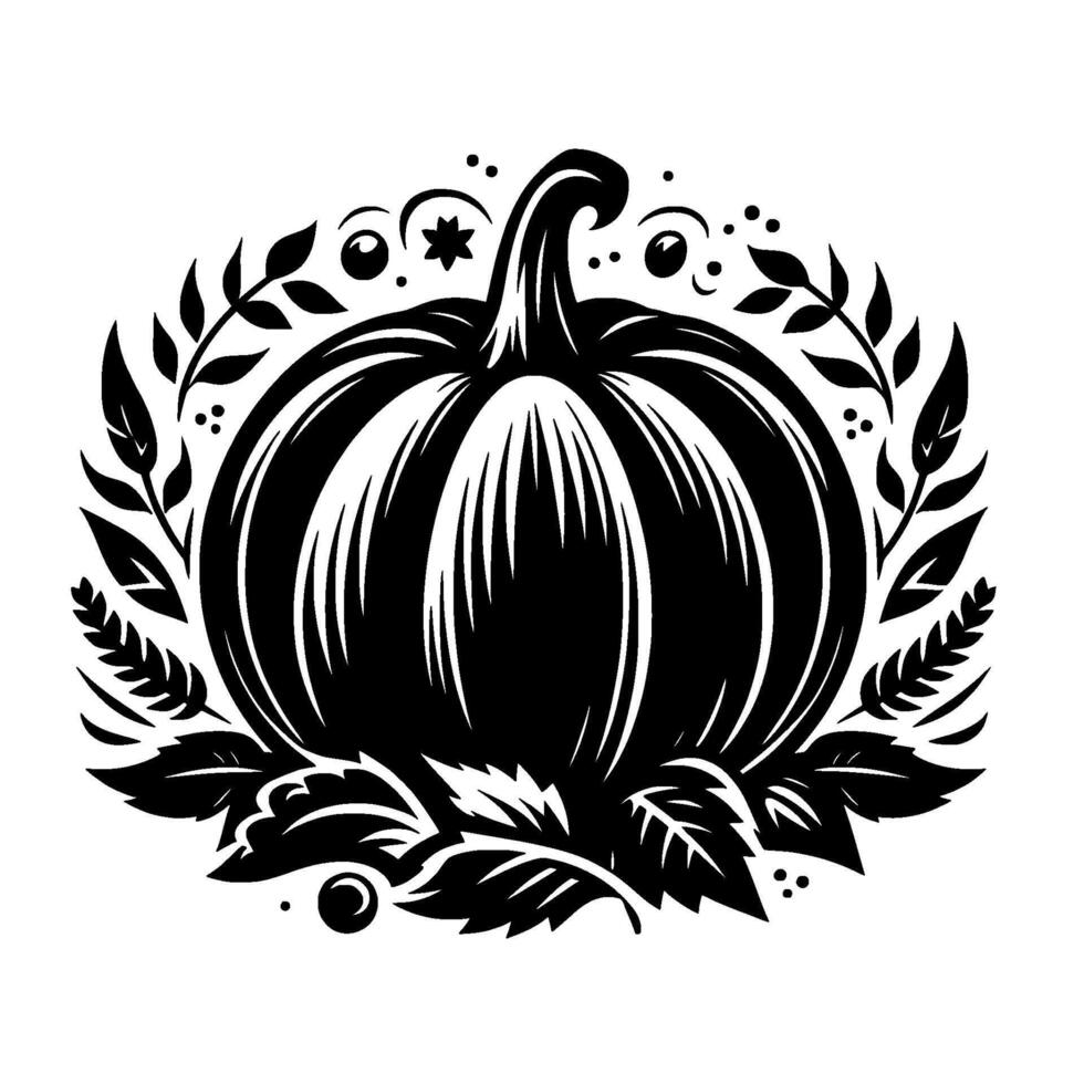 Bold Black White Pumpkin with Foliage, Emphasizing Autumn Harvest, Aesthetic, Circular Composition. vector