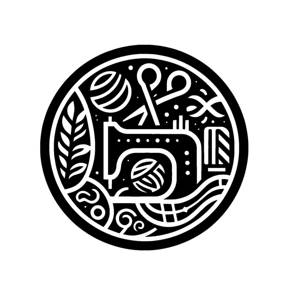 Elegant Black and White Emblem Featuring a Sewing Machine, Scissors, Yarn, and Decorative Floral Elements inside a Circle. vector