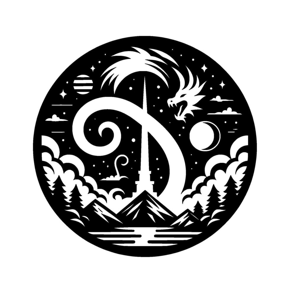Dragons Embrace A Black White Circular Illustration of a Dragon, Tower, and Mountain Landscape, Under Celestial Night Sky. vector