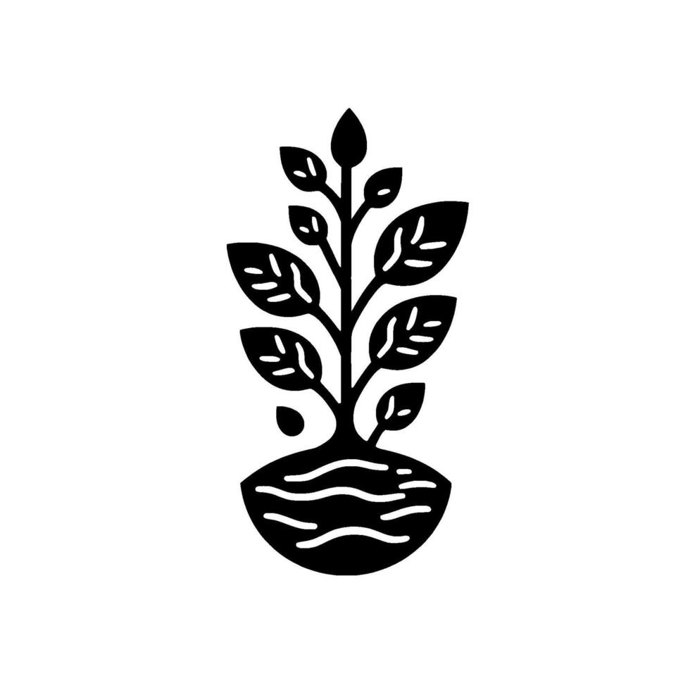 Minimalist Black and White Illustration of a Potted Plant with Textured Leaves and a Stylized Soil Base. vector