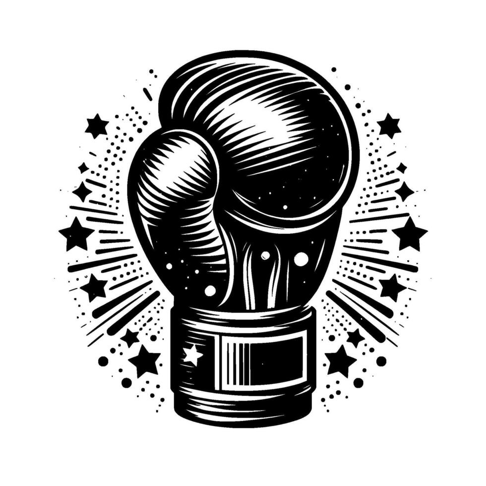 Bold Black and White Boxing Glove Emblem with Burst of Stars and Radial Lines, Illustration vector