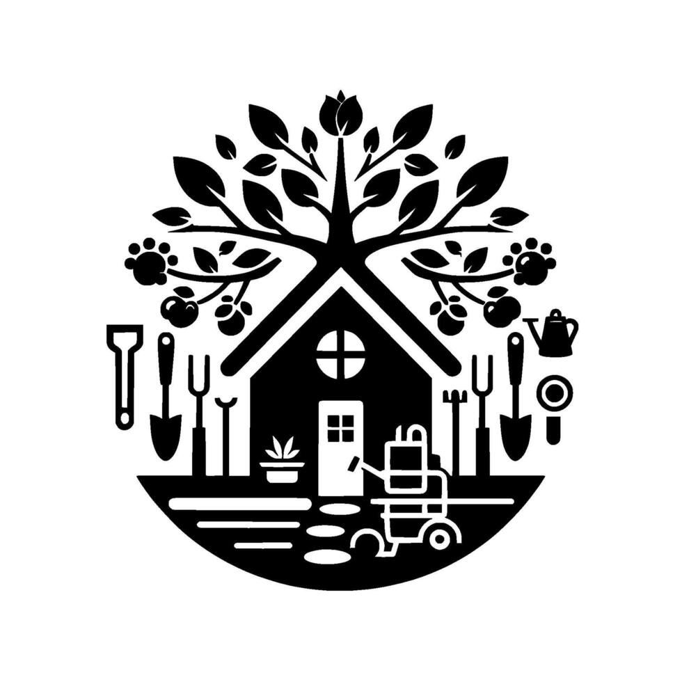 Symbolic black and white illustration of a house embraced by a tree, surrounded by gardening tools, creating a circular garden and home motif. vector