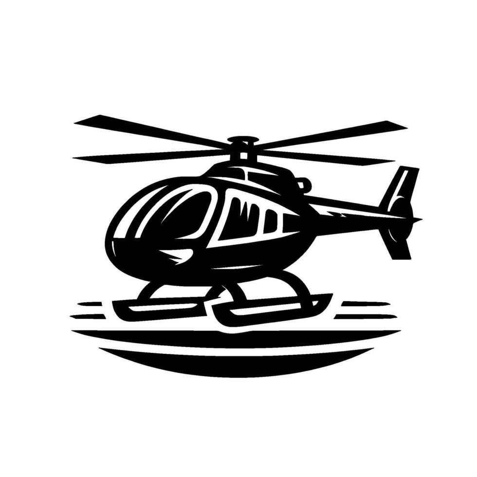 Black and White Silhouette of a Helicopter with Rotors Spinning Above a Curved Surface, Isolated on White. vector