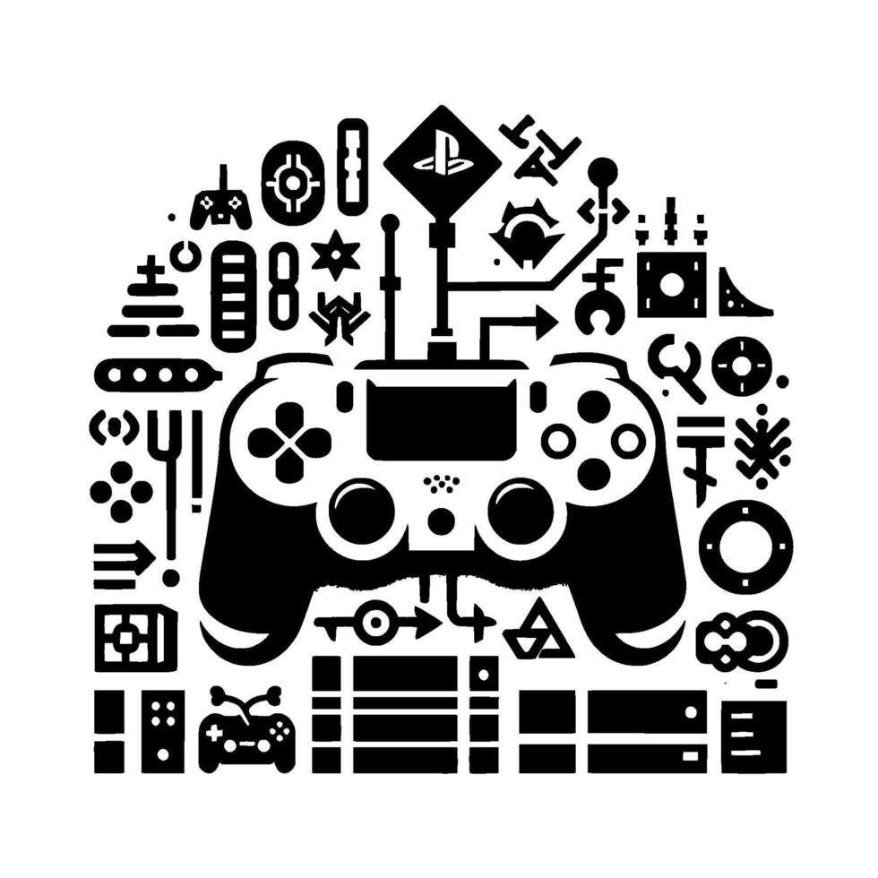 A stylized, abstract illustration featuring a Playstation controller at the center, surrounded by interconnected icons, creating a modern, gamecentric . vector
