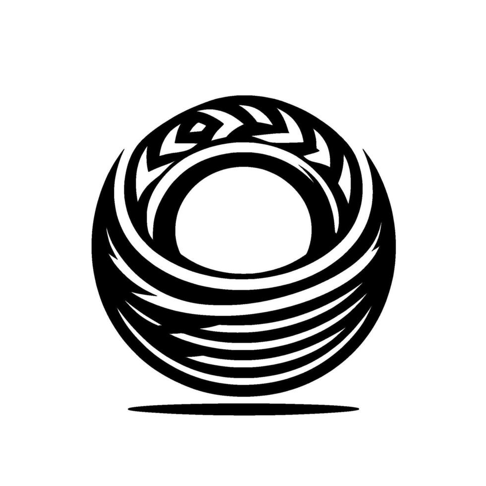 Stylized tribal circle featuring intricate patterns and a central void, casting a soft shadow on a white background. vector