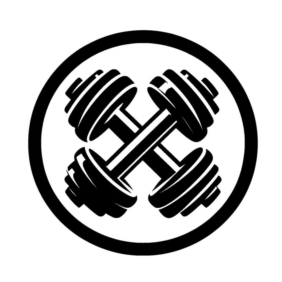 Bold Black White Dumbbell Crossed Weights, Circle Emblem, Fitness Gym Symbol for Strength Training and Exercise. vector