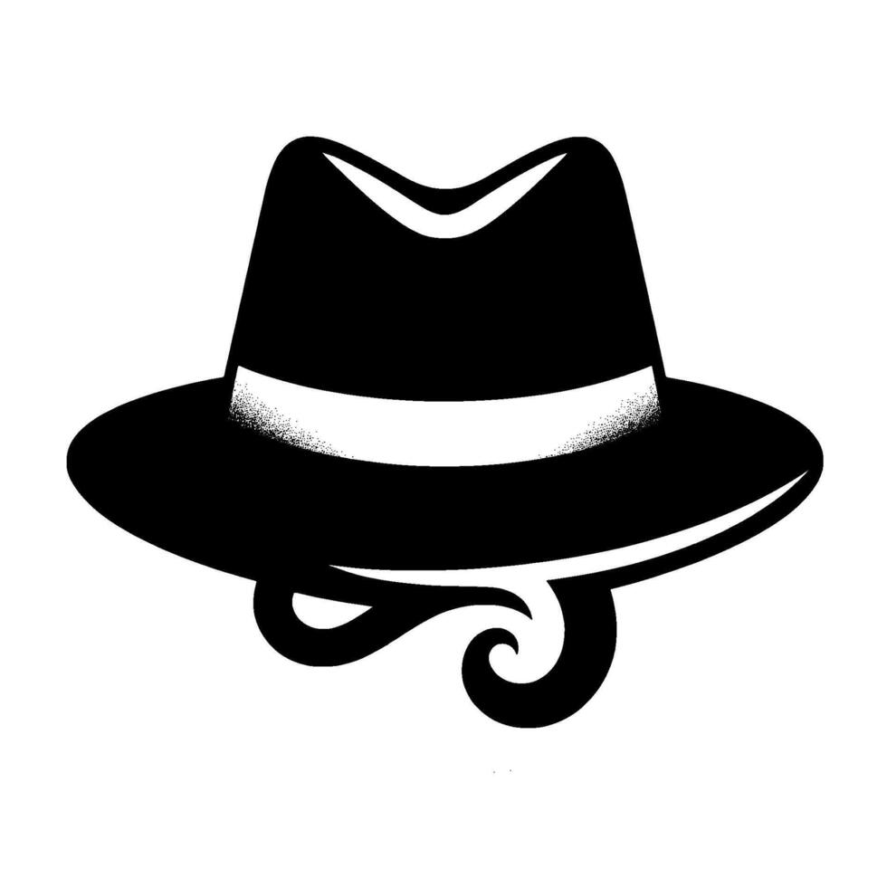 Elegant Black and White Fedora Hat with Ornate Swirls and Subtle Shadow, Isolated on White Background vector