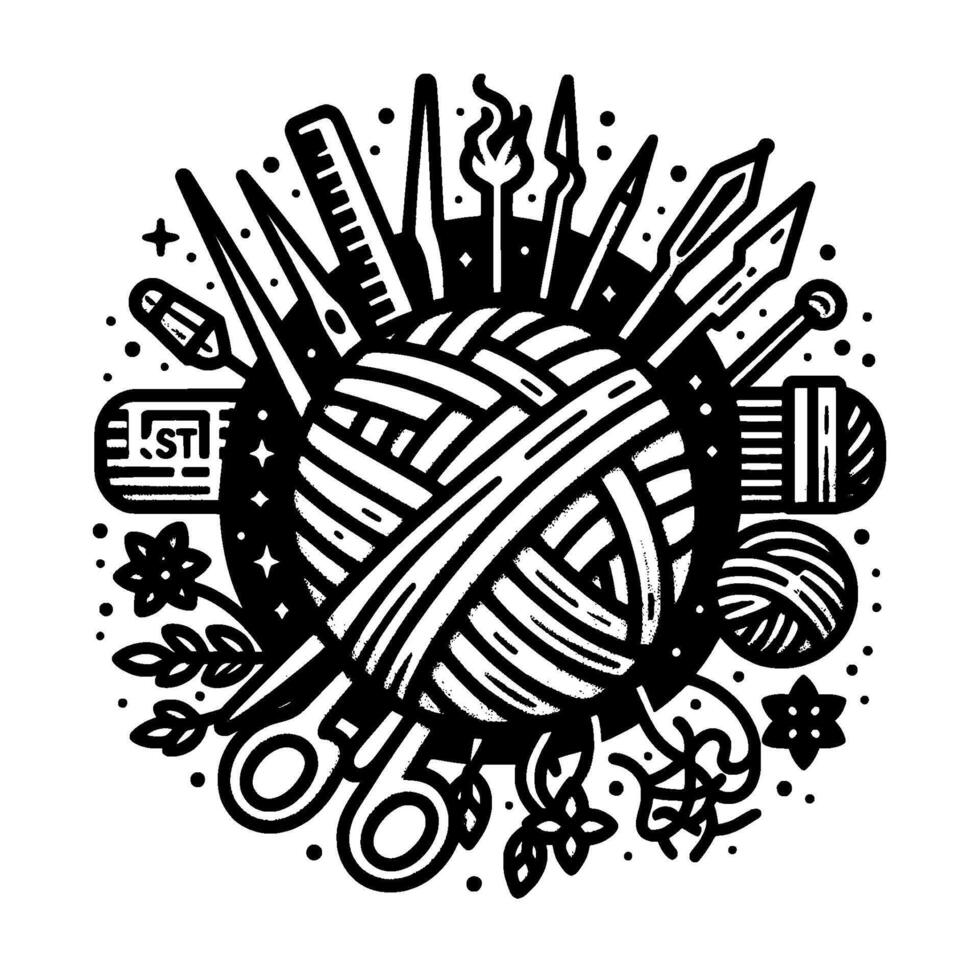 Intricate black and white illustration of a yarn ball surrounded by crafting tools like scissors, rulers, and knitting needles. vector