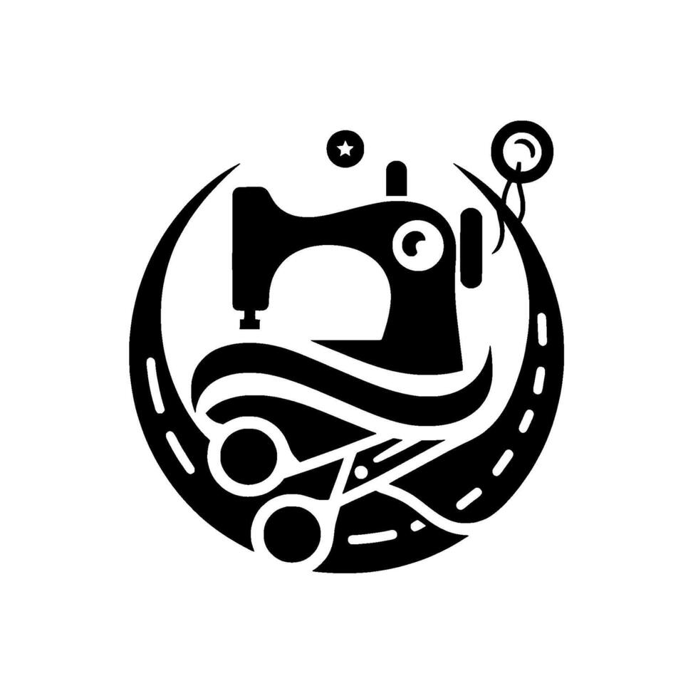 Circular Emblem of Sewing Craftsmanship A silhouette depicting a vintage sewing machine, scissors, thread, and a star, representing tailormade artistry. vector