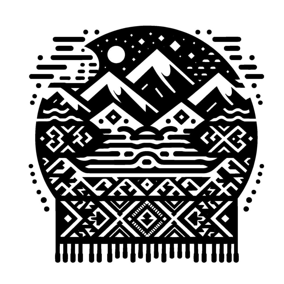 Black and white stylized depicting a mountainous landscape with geometric patterns and a woven textile at the bottom, enclosed in a circle under a night sky. vector