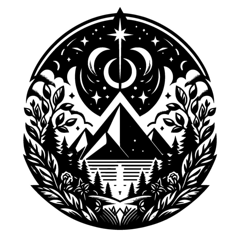 Black and white circular illustration of a mountain scene with night sky, crescent moons, stars, and surrounding foliage, creating a mystical forest view. vector