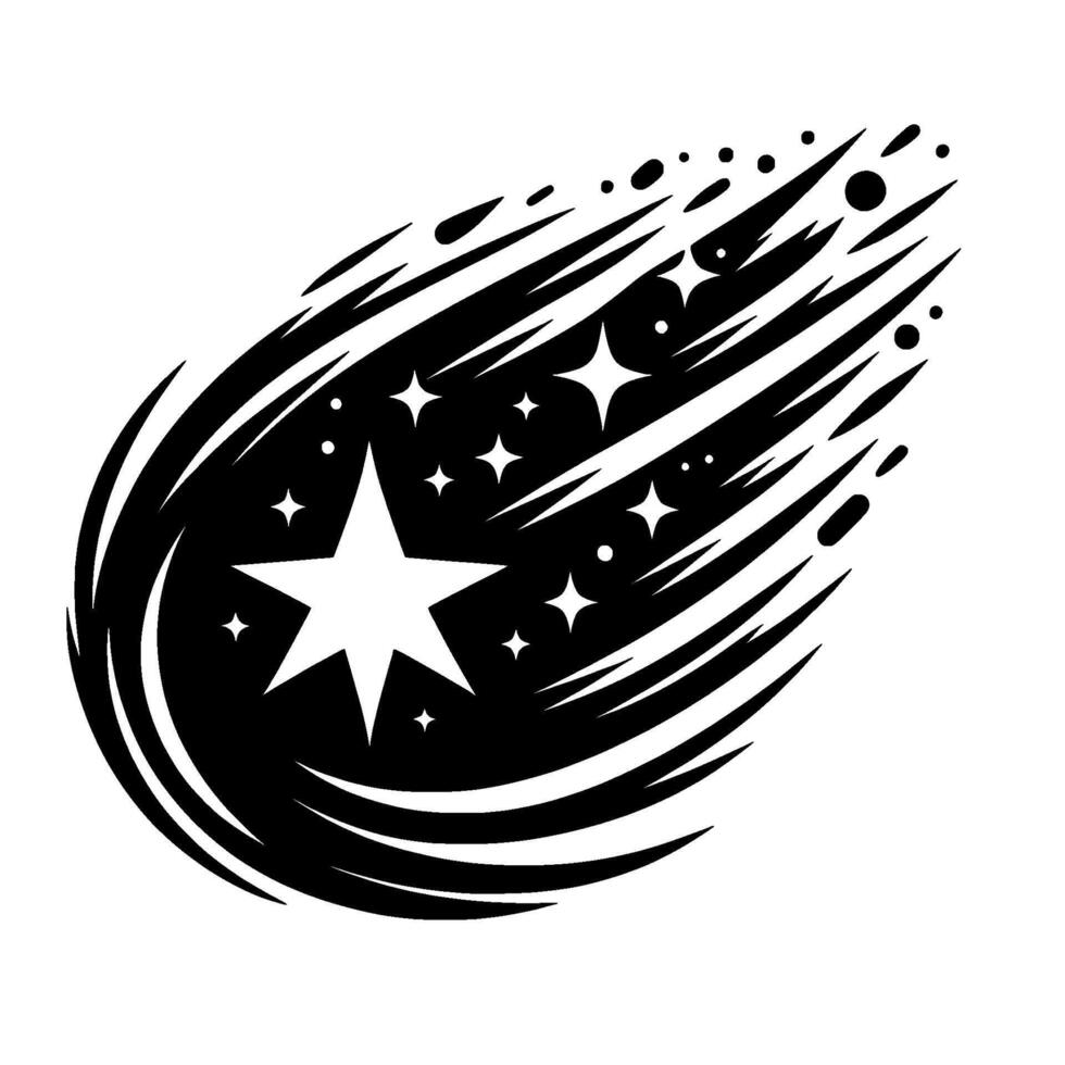 Stylized Black White Comet with Starbursts, Streaks, and Dots, Representing Celestial Motion Against White Backdrop. vector