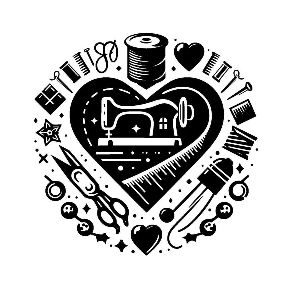 HeartShaped Sewing Machine Emblem with Crafting Tools, in a circular, minimalist black and white . vector