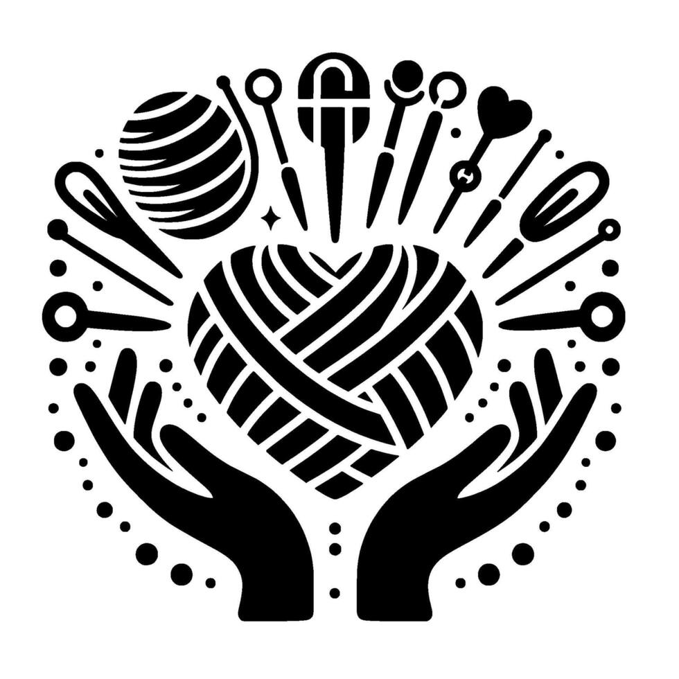 Black and white art of two hands cupping a heartshaped yarn ball surrounded by craft tools, needles, and accessories. vector