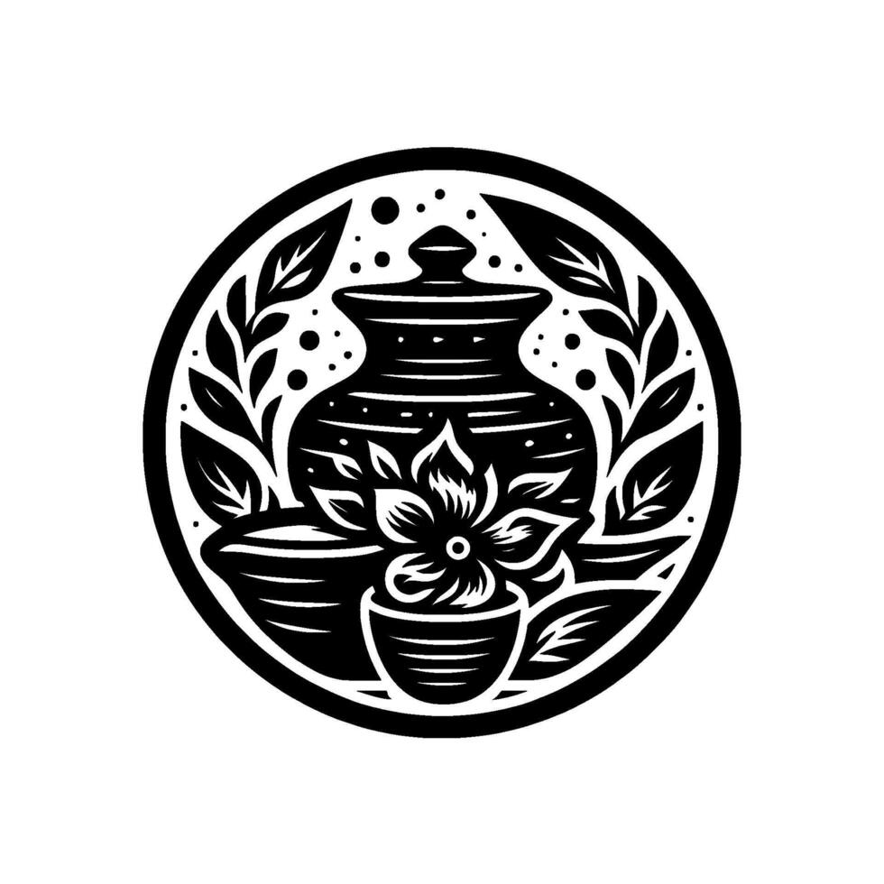 Elegant Black and White Circular Illustration Pottery, Plant, and Leaves Composition within a Decorative Frame. vector