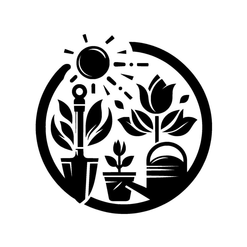 Black and White Circular Garden Illustration Featuring Sun, Shovel, Potted Plant, and a Tulip with Watering Can. vector