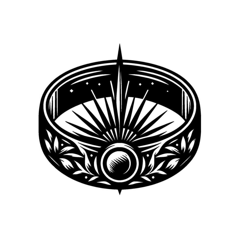 Ornate Black and White Illustration of a CompassLike with a Central Sunburst and Floral Details. vector