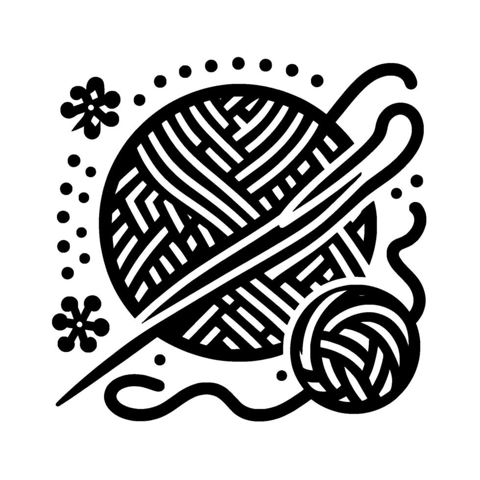 Black and white of a yarn ball, hook, and smaller yarn ball with dotted and floral accents, evoking craft and creativity. vector