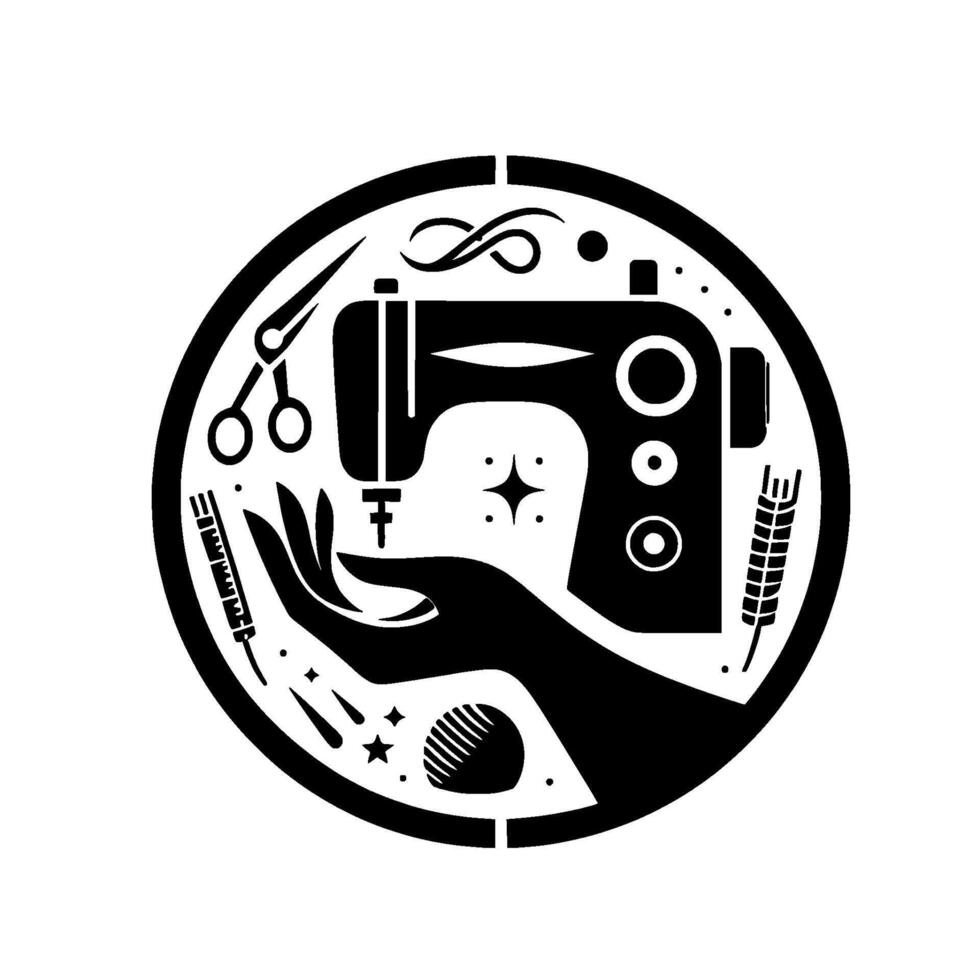 Black and White Circular Emblem of Sewing Machine, Hand, Scissors, Needle, and Wheat, vector