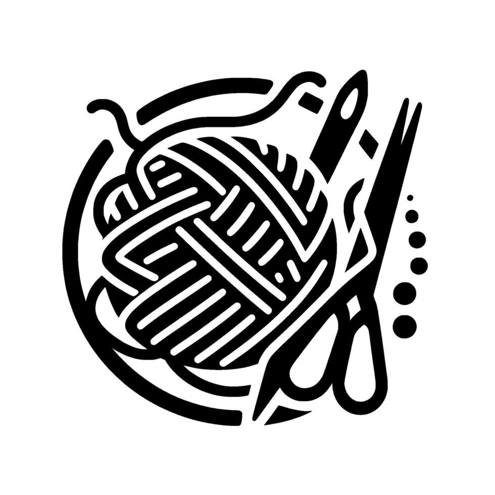 Black and White Illustration A Circular Composition Featuring Yarn Ball, Scissors, Crochet Hook, and Dots. vector