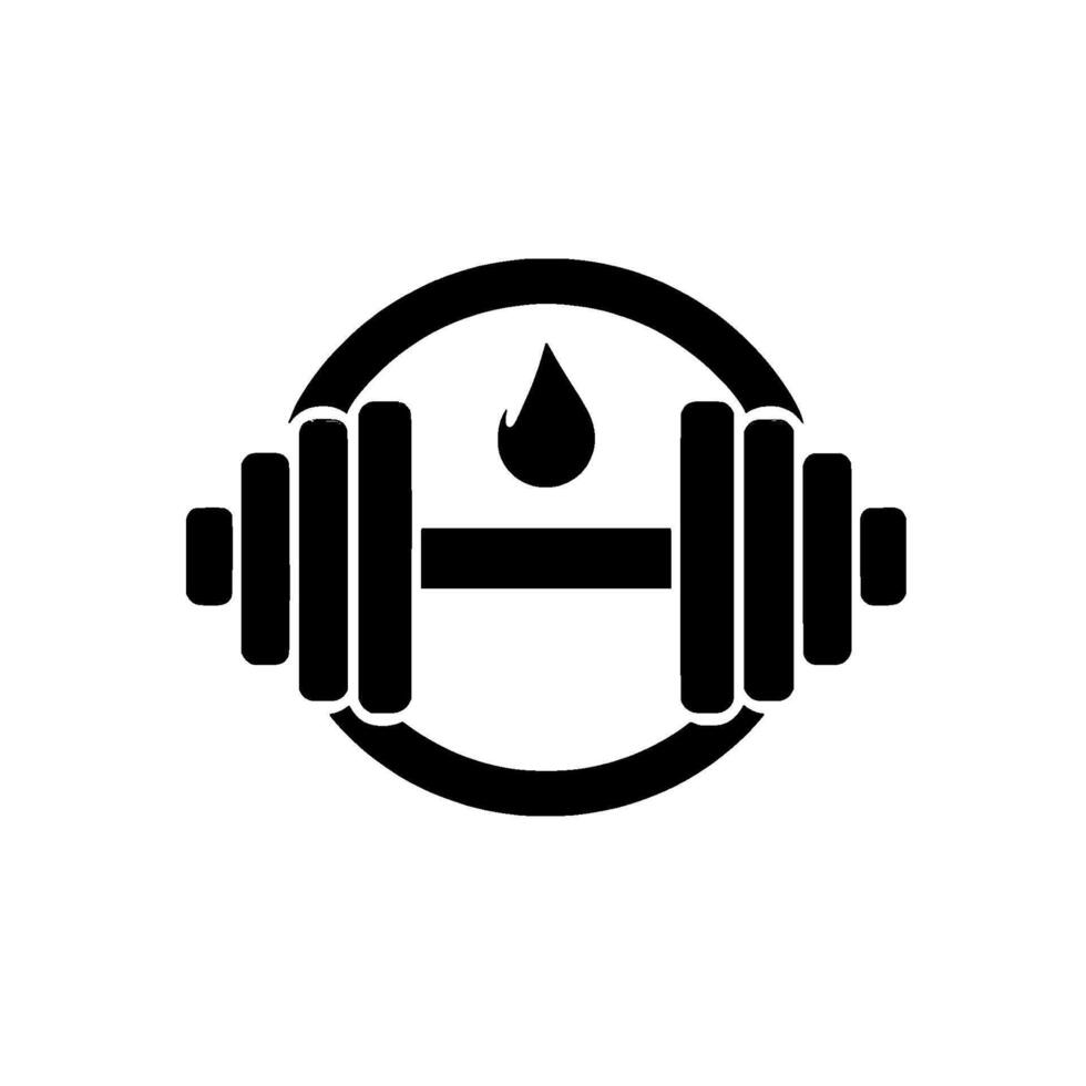 Sleek black and white barbell with water drop inside a circle, signifying fitness, health, and training. vector