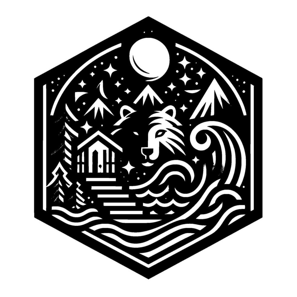 Black and White Hexagon Bear, Cabin, Mountains, Waves, Moon, and Stars NatureThemed Illustration vector