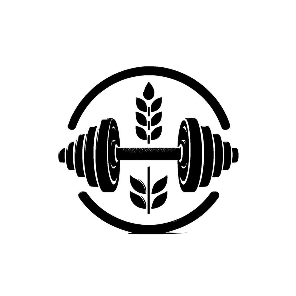 D Render of a Black Dumbbell and Wheat Symbol within a Circular Frame on a Gradated White Background, Representing Health Fitness. vector