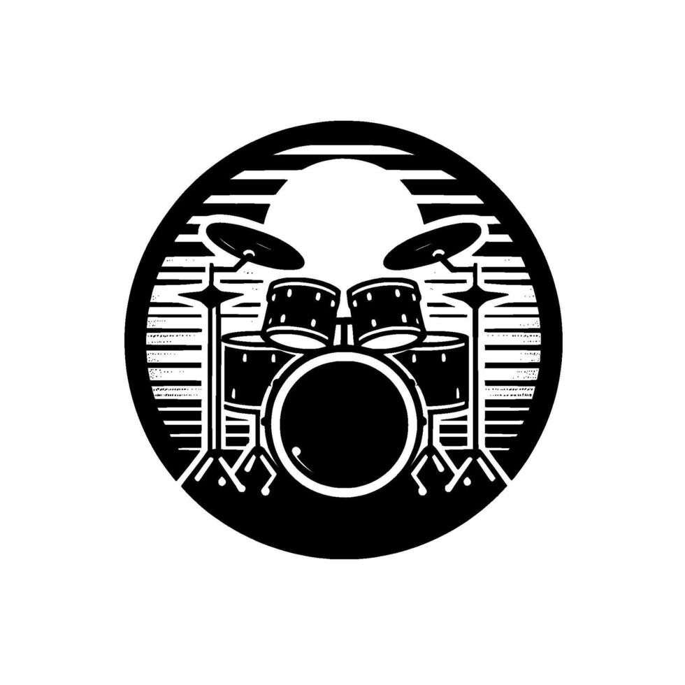 Minimalist black and white circular illustration of a drum set silhouette within a stylized sunburstlike frame, evoking a sense of rhythm and music. vector