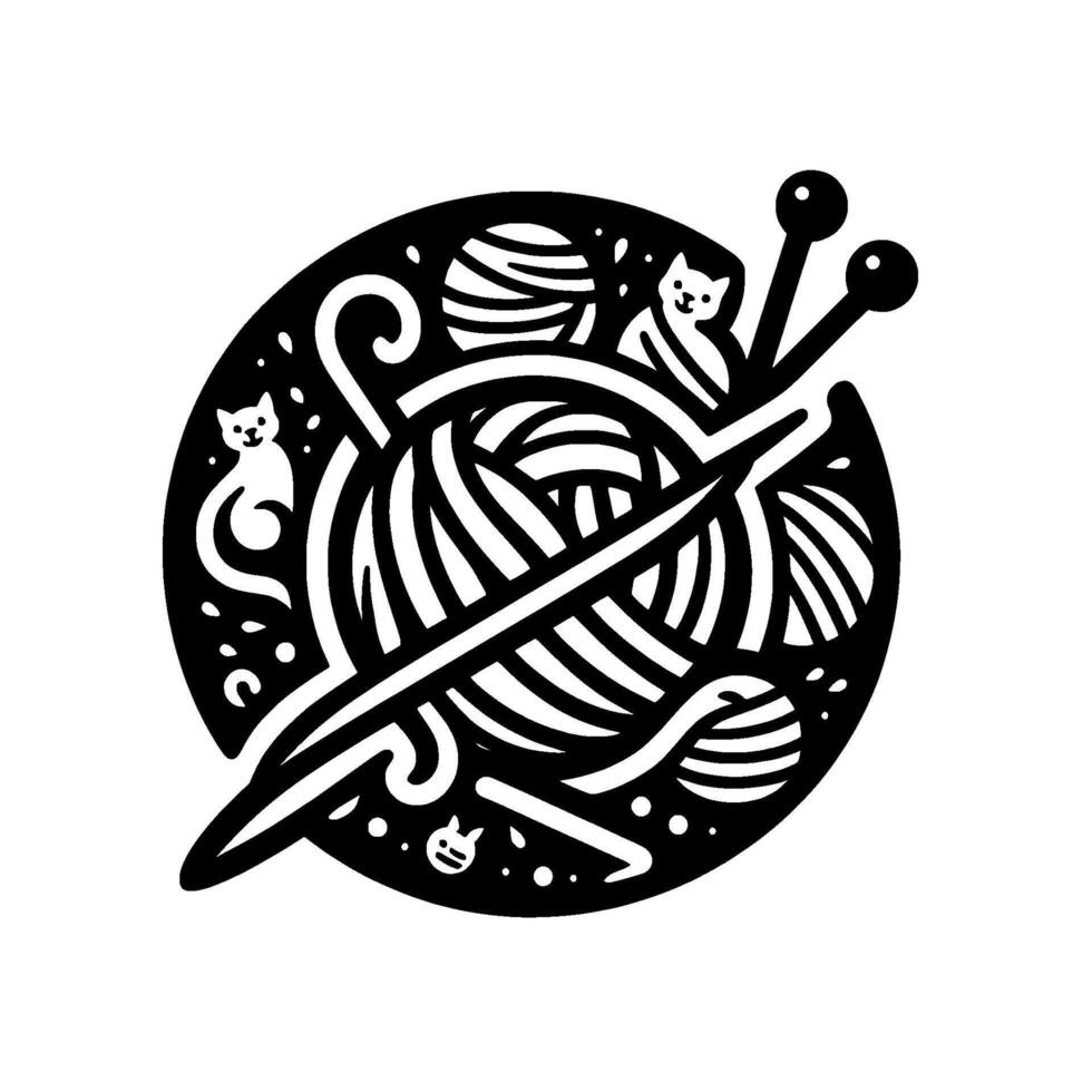 Black and White Circular Featuring Ball of Yarn, Cats, and Knitting Needles, a Cozy and Playful . vector