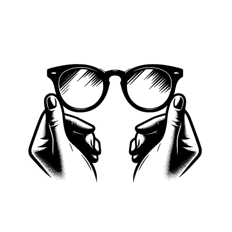 illustration of hands holding blackrimmed glasses, with a highcontrast, grayscale halftone , isolated on white. vector
