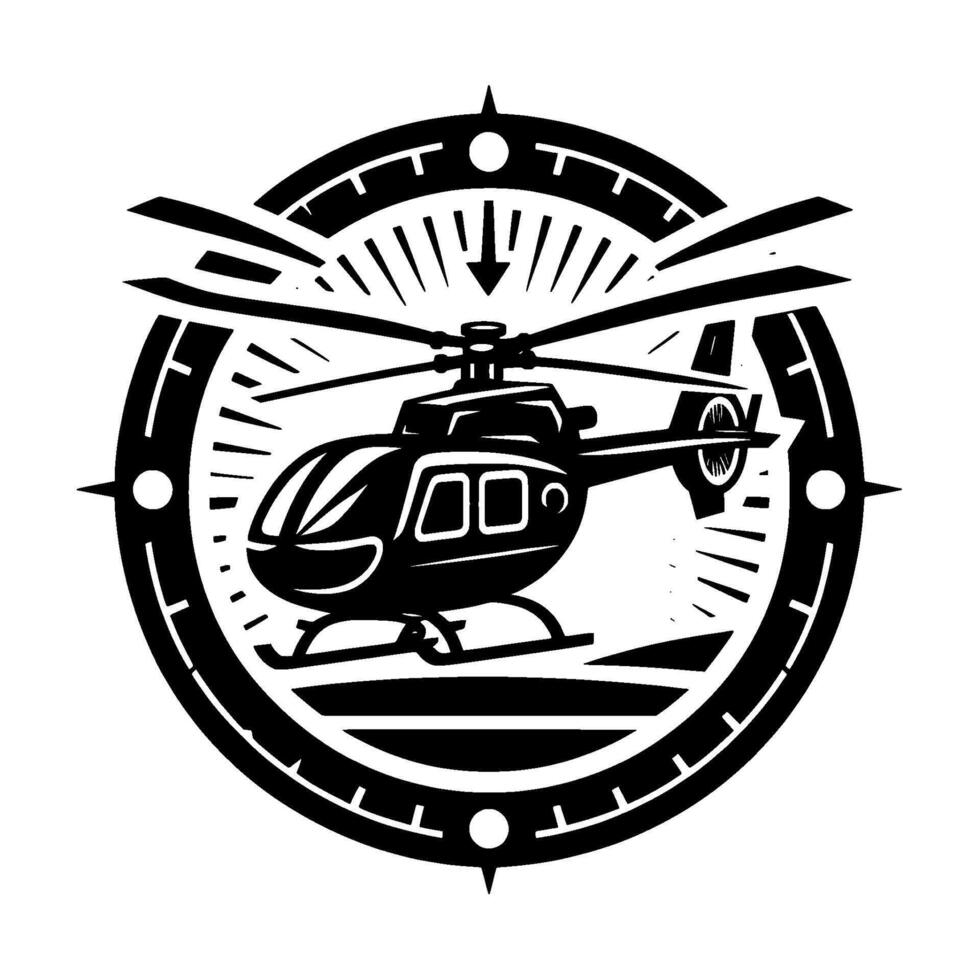 Black and White of Helicopter Inside a Compass Circle, Radial Lines, Modern Aviation . vector