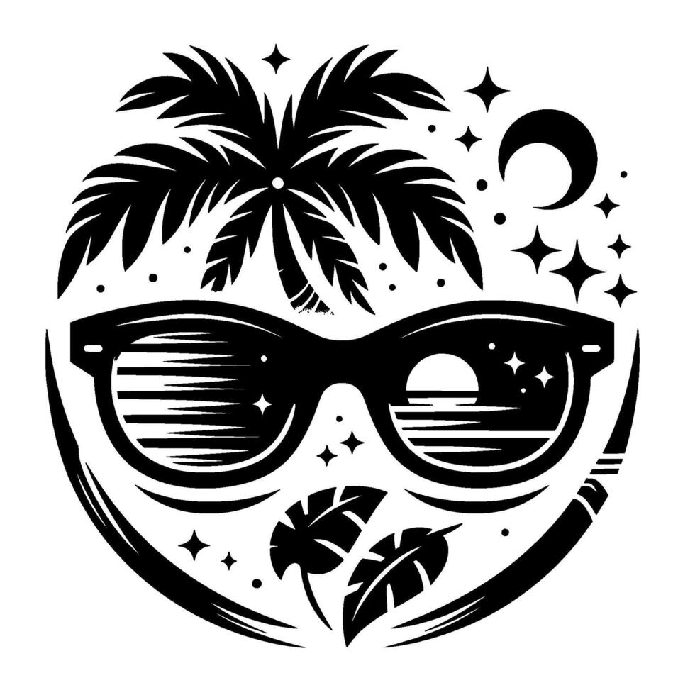 A stylized, monochromatic illustration of sunglasses reflecting a sunset over a calm ocean, with a palm tree, moon, and stars, enclosed within a circular frame and tropical leaves. vector