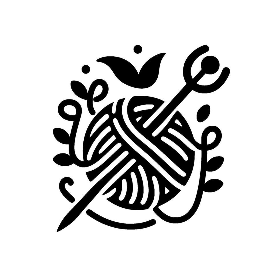 Stylized Black and White Illustration of a Yarn Ball with Knitting Needles, Flowers, and Leaves for Crafts. vector