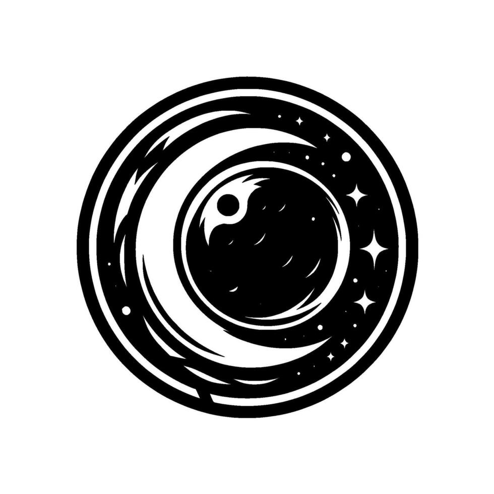 Black and White Circular Emblem Featuring a Stylized Crescent Moon, Starry Nightscape, and Celestial Elements. vector