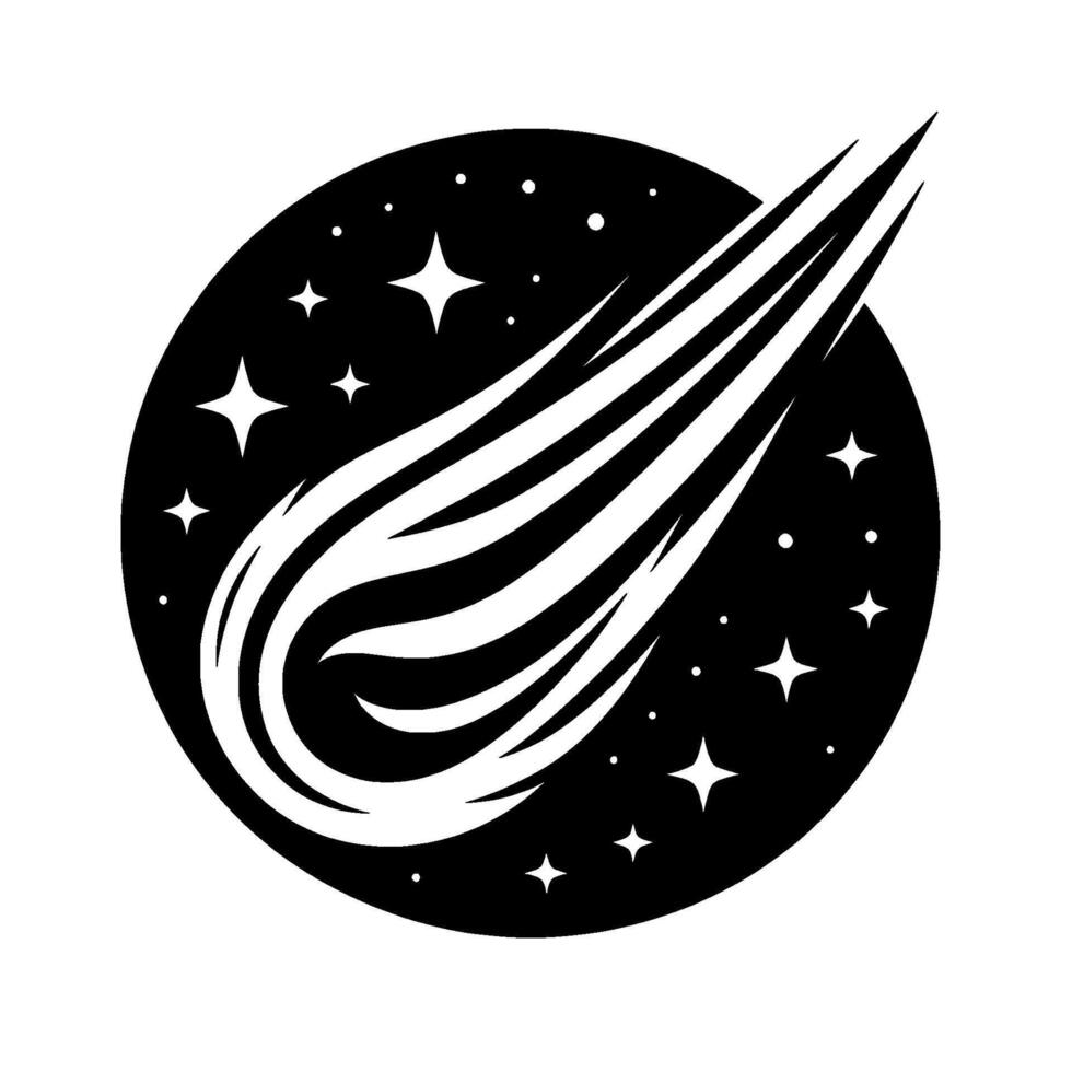 illustration of a stylized comet streak silhouette against a starry black circular backdrop, evoking celestial motion and space. vector