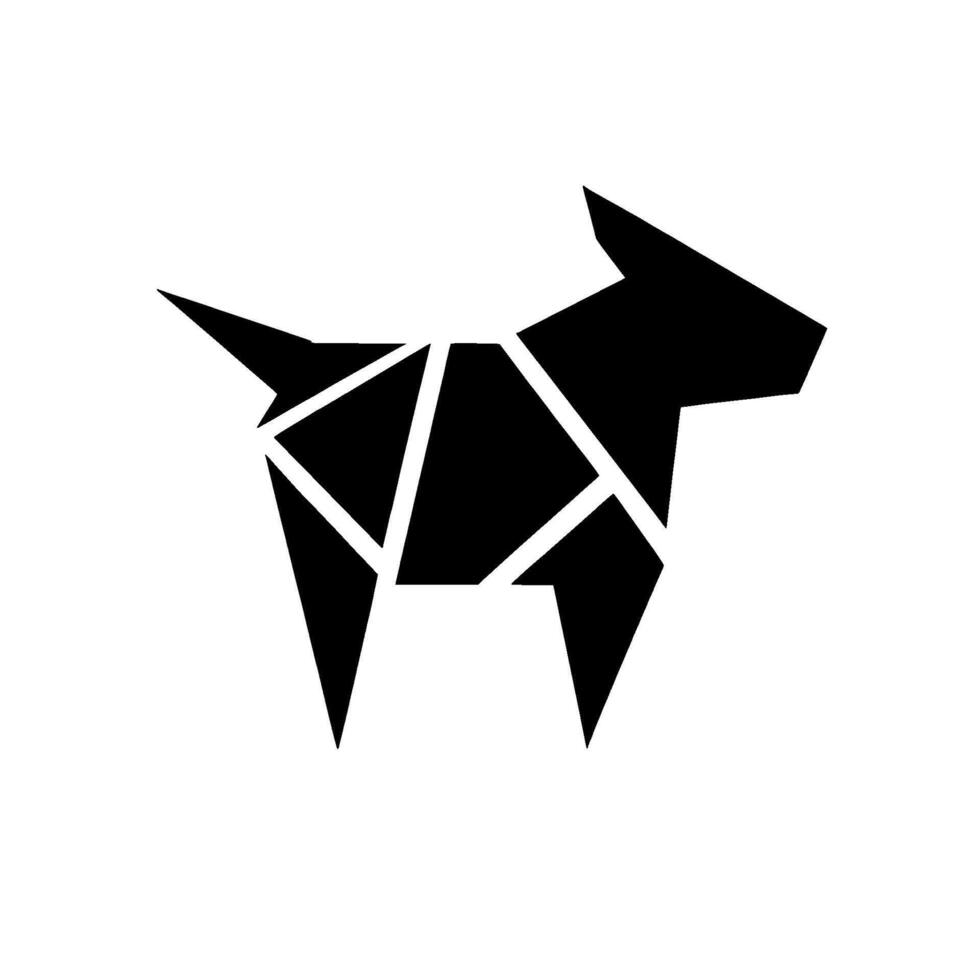 Black geometric origami dog figure with triangular forms and white accents set against a clean white background. vector