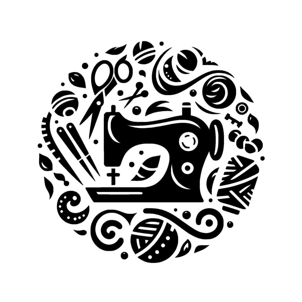 Black and white stylized illustration of a sewing machine surrounded by sewing tools and crafting elements arranged in a circular composition. vector