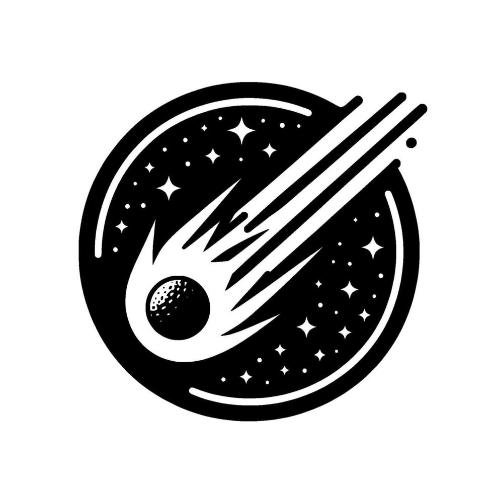 Black and white minimalist illustration of a comet streaking through a starry night sky, enclosed in a circular frame with a textured planet. vector