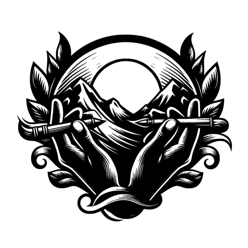 Symbolic Black White Illustration Hands Holding Styluses, Mountains in a Circle of Laurel Leaves vector
