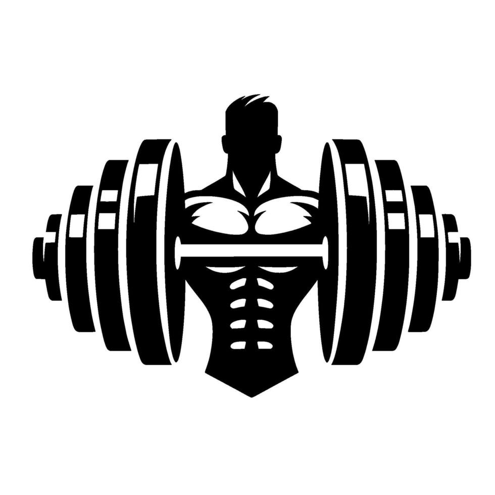 Black and white of a muscular bodybuilder forming the center of a barbell, gym . vector