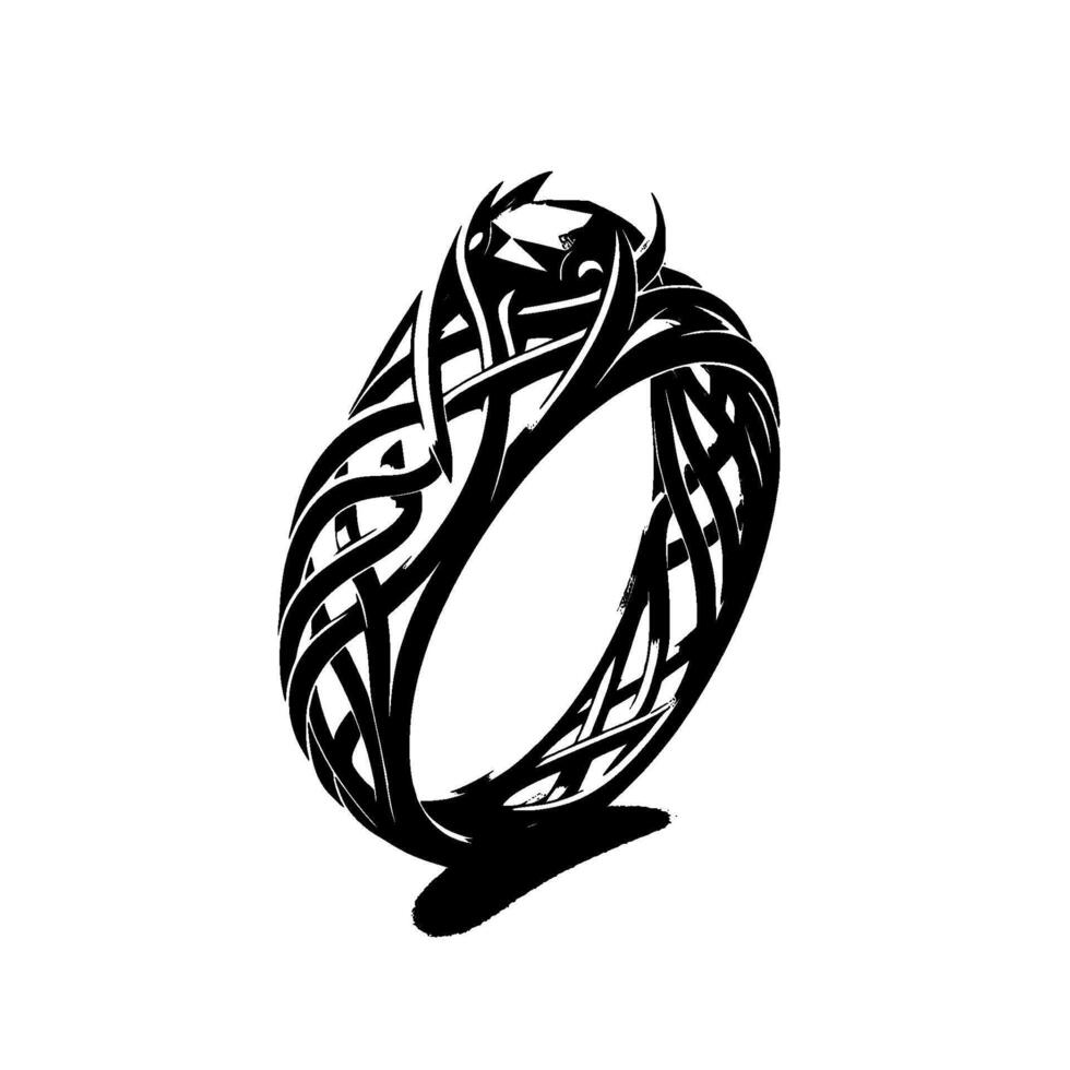 Intricately Woven Black Ring Featuring a Black Gemstone with Hornlike Prongs, Set Against a Clean White Background. vector