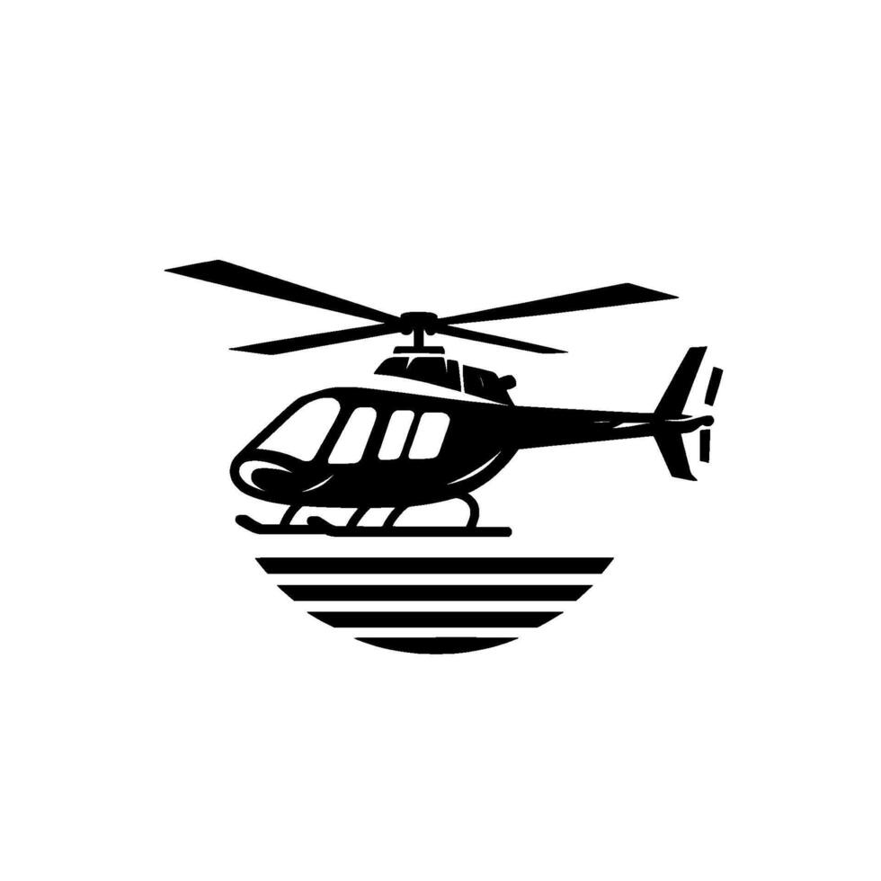 Silhouette of a Helicopter hovering above a stylized striped horizon against a bright white background, minimalistic . vector