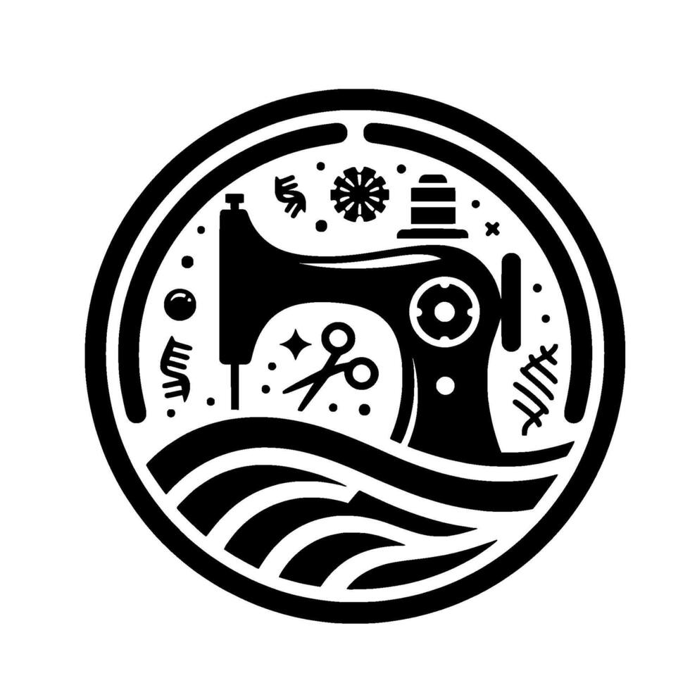 Circular black and white illustration with sewing machine, scissors, and fabric, encircled by embellishments suggestive of craft and creativity. vector