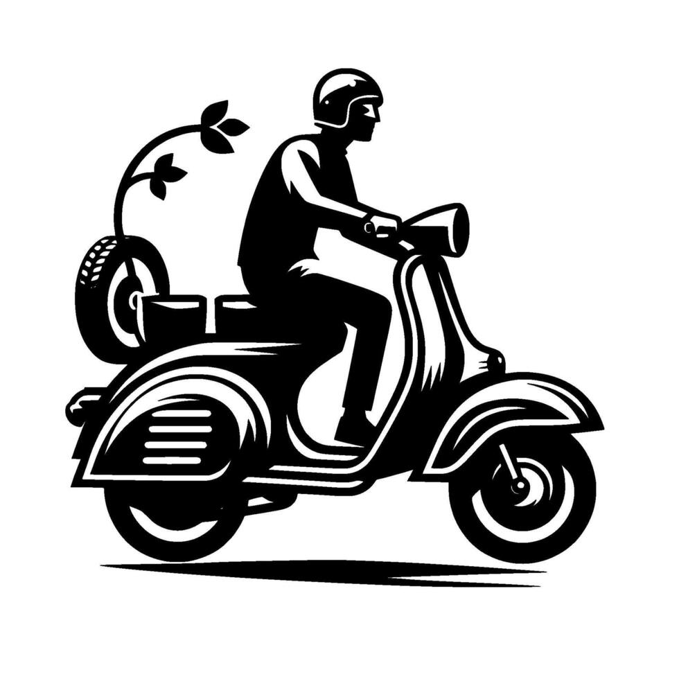 Black and white minimalist illustration of a scooter rider with plant, spare tire, helmet, and classic , on white. vector