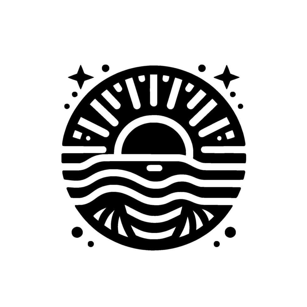 Stylized Black and White Circular Emblem of Sun, Sea, Stars, and Abstract Coastal Elements. vector
