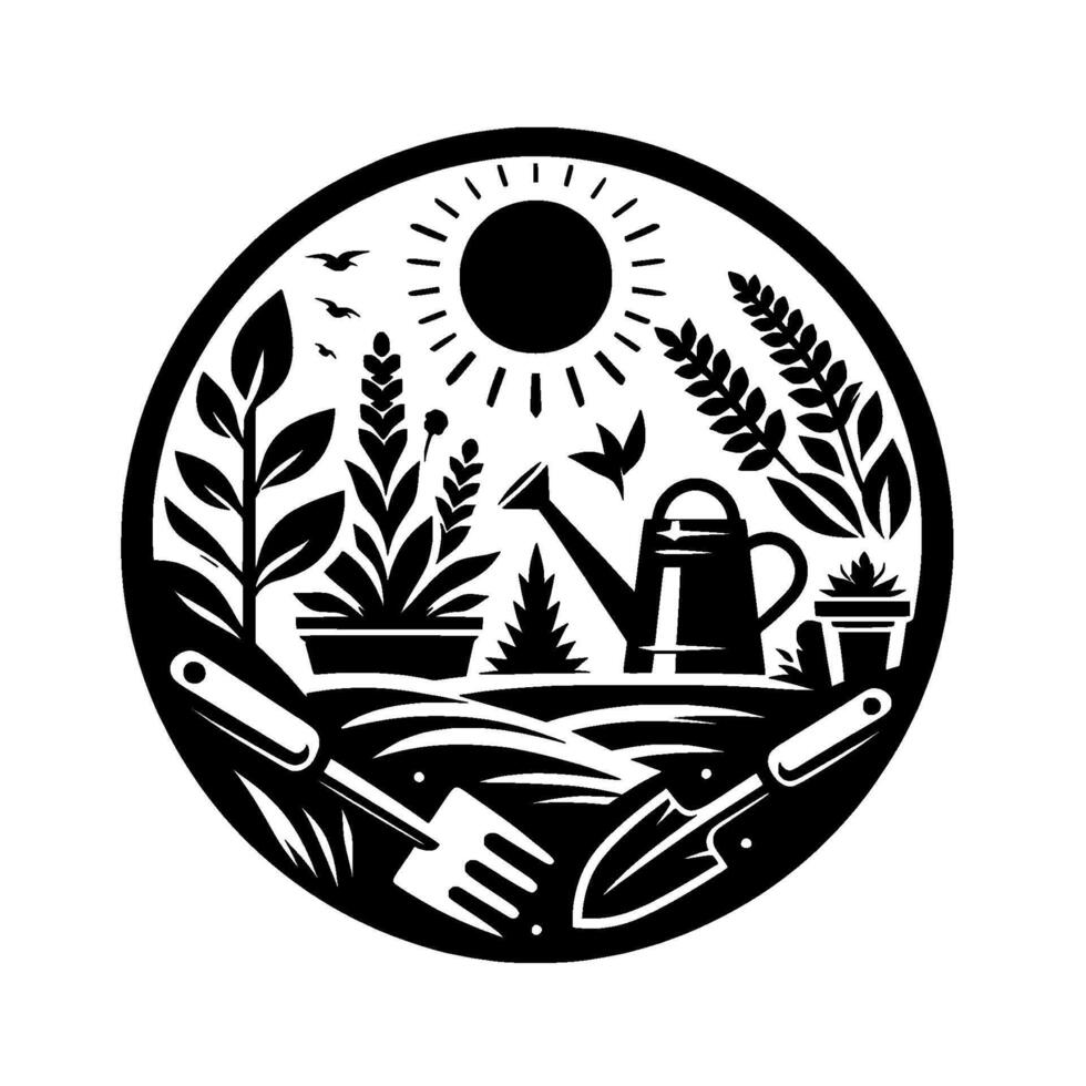 Circular Black White Illustration Garden Scene with Plants, Watering Can, Sun, Tools, and Birds vector