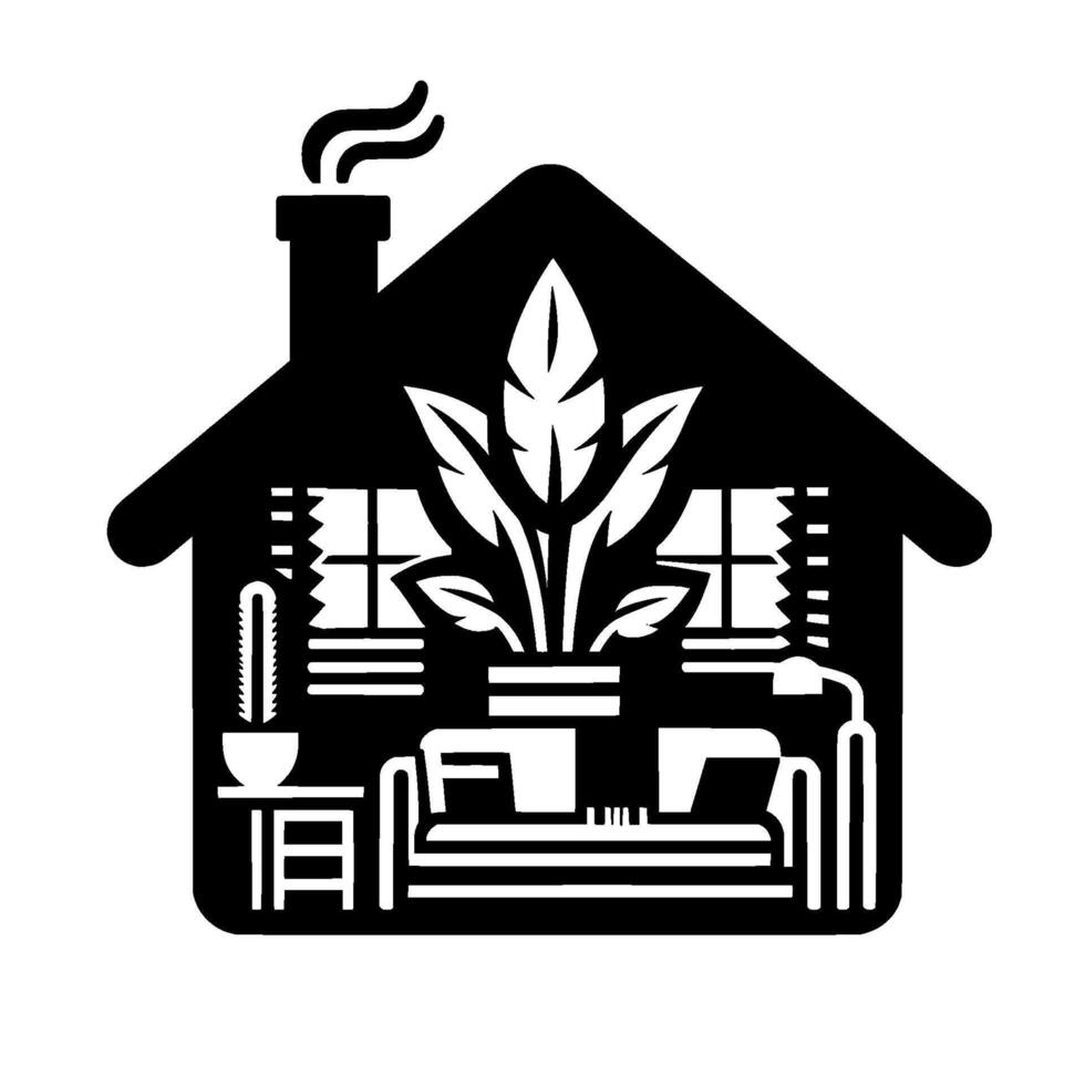 Illustration of a Cozy Home Interior Featuring a Plant, Sofa, and Cactus, Representing Comfort and Simplicity. vector