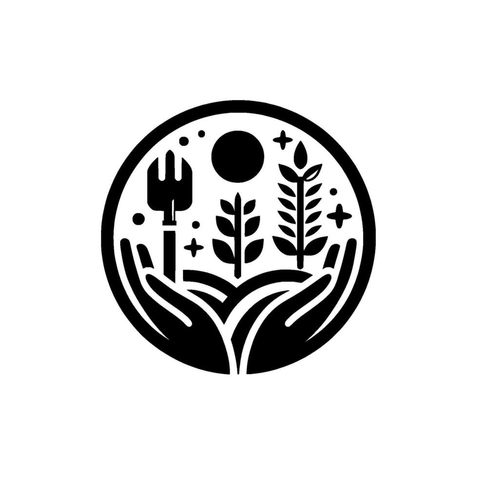Circular Emblem Hands cradling a garden with a fork, sun, and plants, symbolizing care and growth. vector